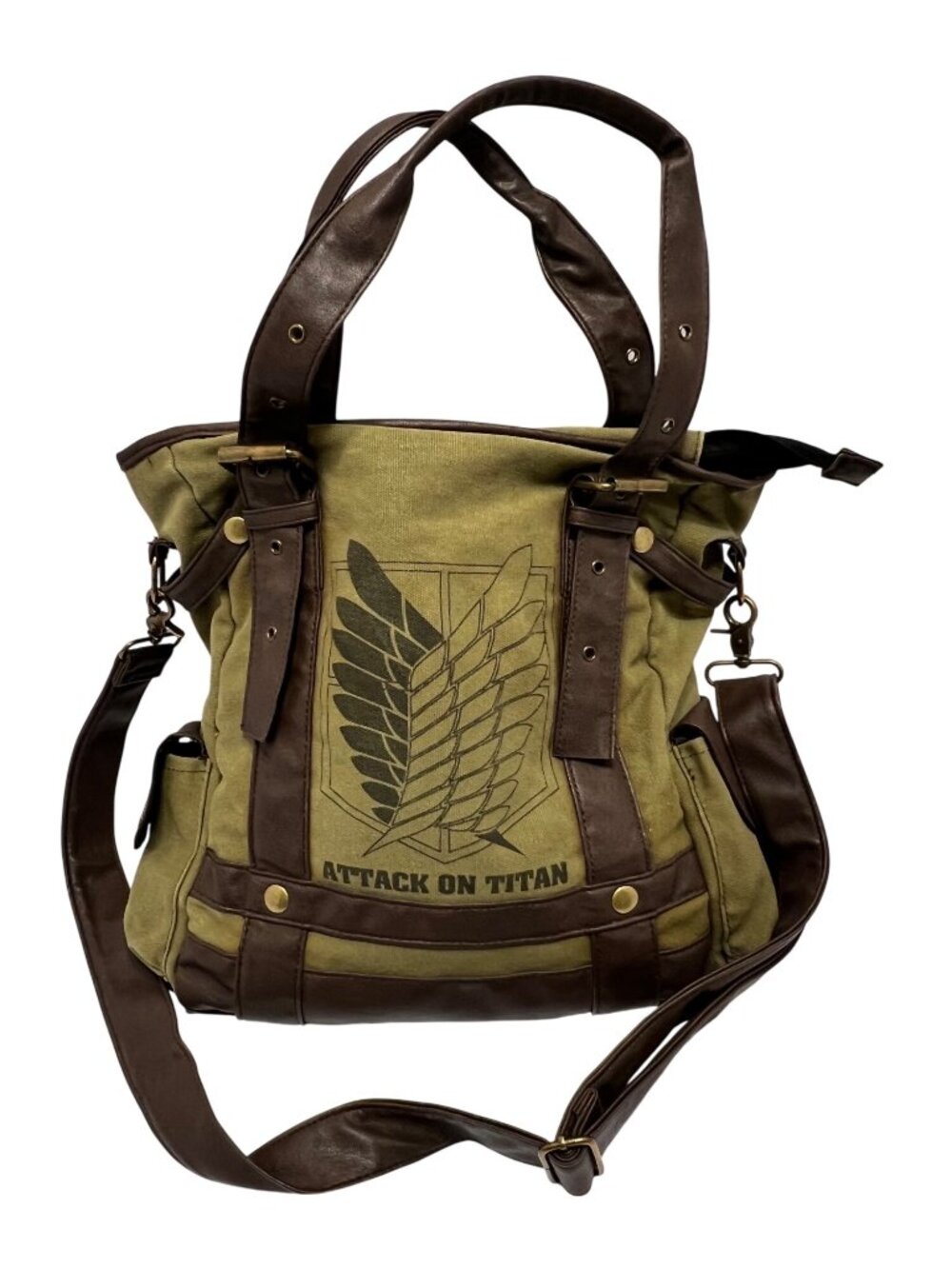 Attack On Titan Canvas Shoulder Tote Bag With Leather Straps & Anime Logo Design